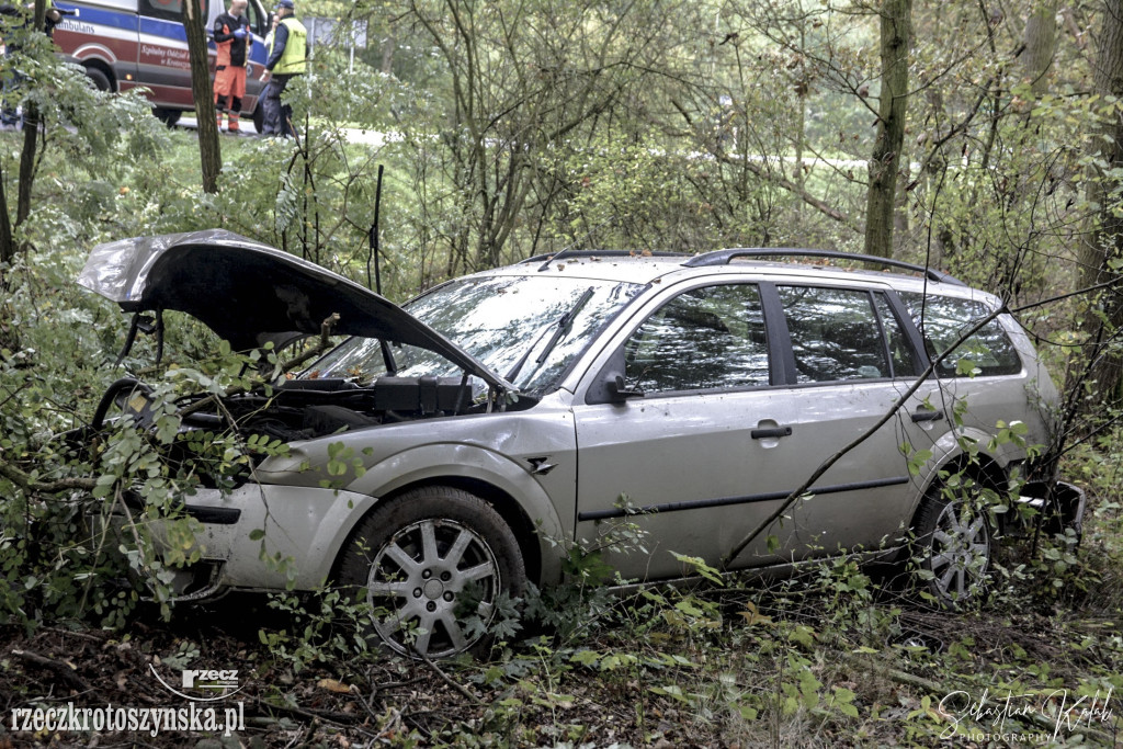 WYPADEK W KOBYLINIE. Auto zjechało z jezdni do lasu
