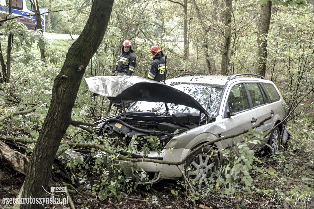 WYPADEK W KOBYLINIE. Auto zjechało z jezdni do lasu