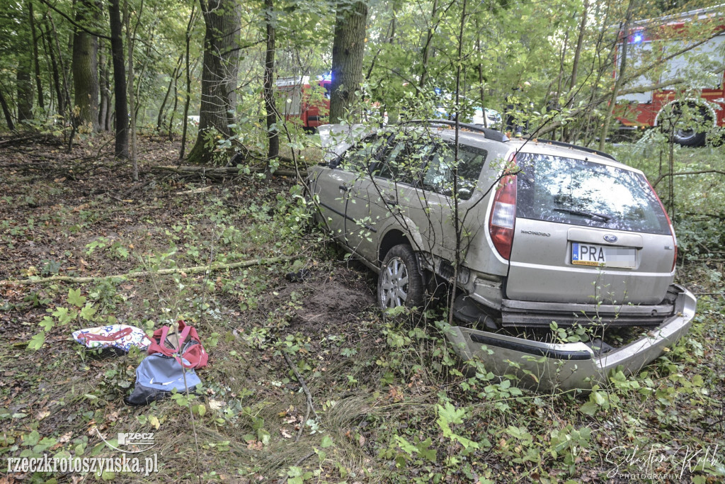 WYPADEK W KOBYLINIE. Auto zjechało z jezdni do lasu