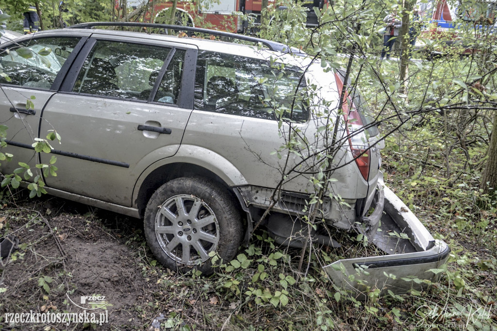 WYPADEK W KOBYLINIE. Auto zjechało z jezdni do lasu
