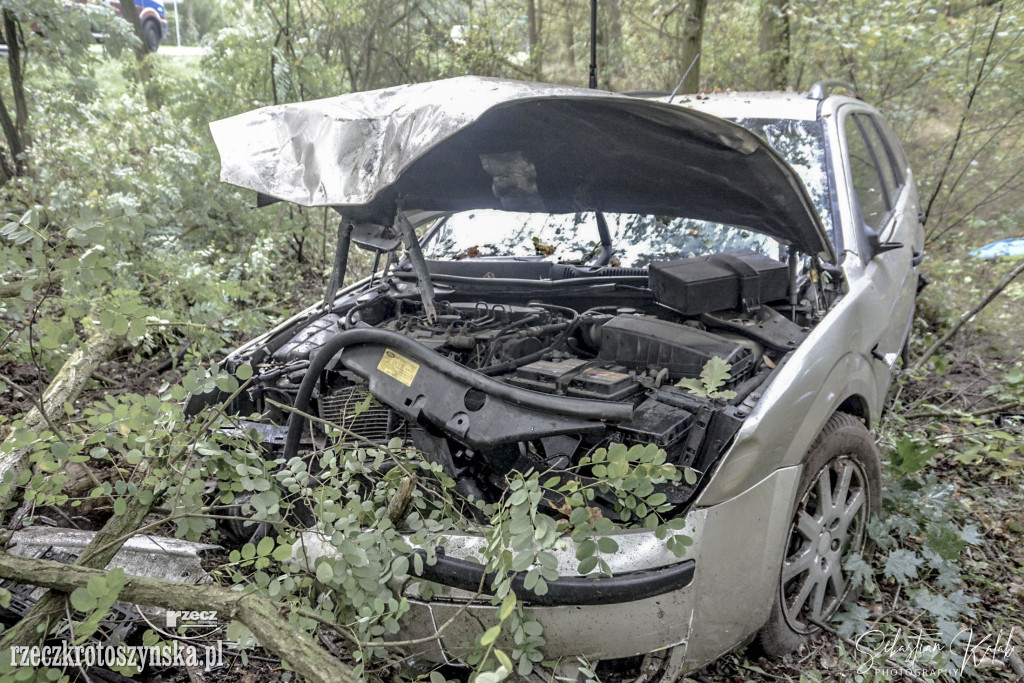 WYPADEK W KOBYLINIE. Auto zjechało z jezdni do lasu