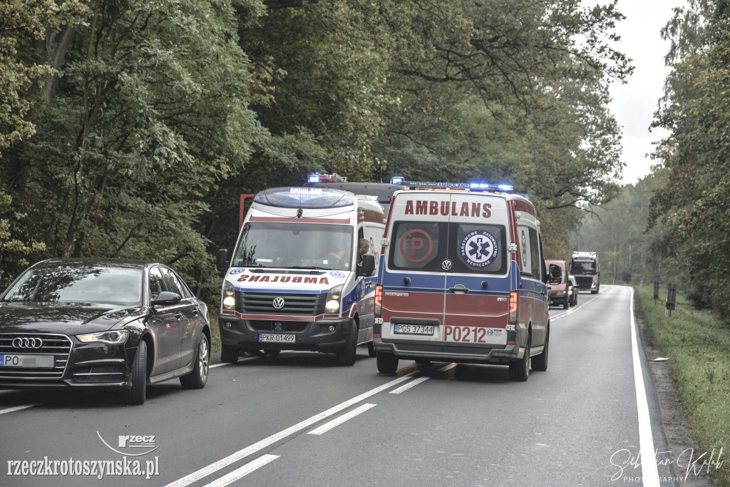 WYPADEK W KOBYLINIE. Auto zjechało z jezdni do lasu