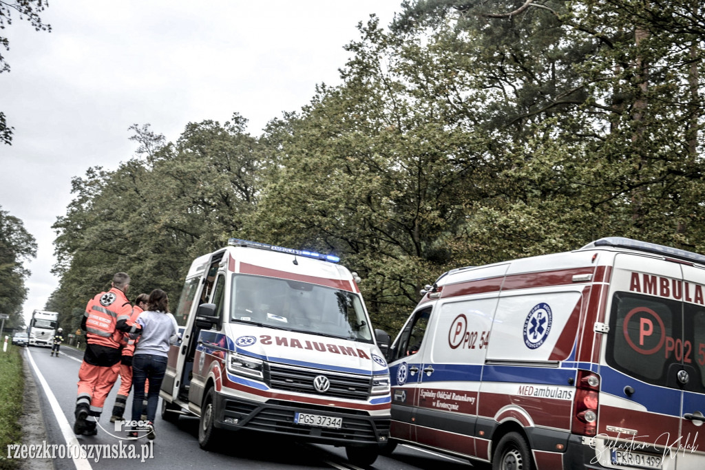 WYPADEK W KOBYLINIE. Auto zjechało z jezdni do lasu