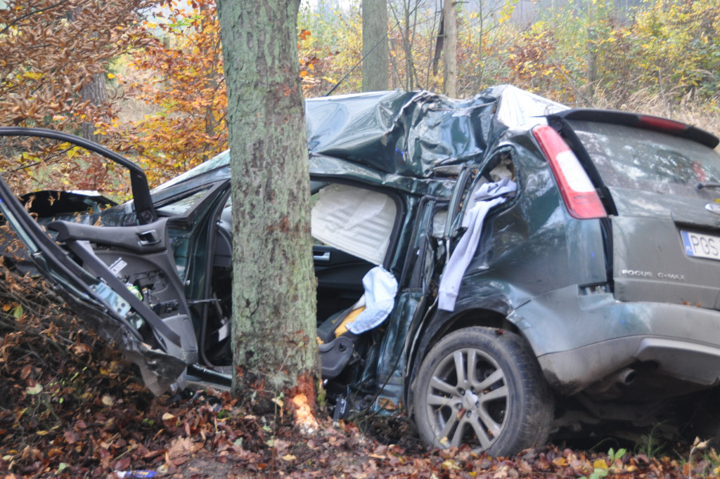 Wypadek na trasie Chachalnia-Chwaliszew. Auto uderzyło w drzewo, kierowca zabrało LPR