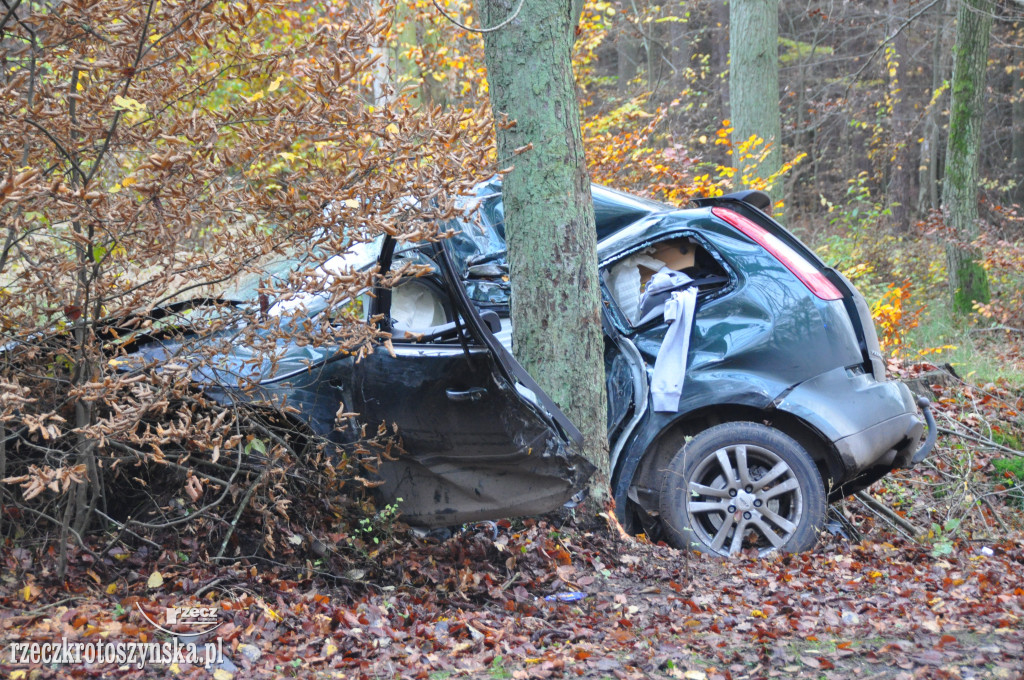 Wypadek na trasie Chachalnia-Chwaliszew. Auto uderzyło w drzewo, kierowca zabrało LPR