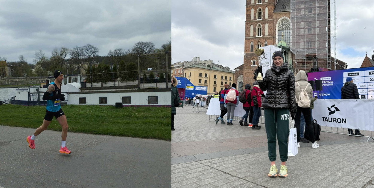 Patryk Karwik na trasie. Obok - Justyna Karolczak z pucharem za zwycięstwo w kategorii K30