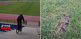 Wandal na rowerze zniszczył murawę stadionu