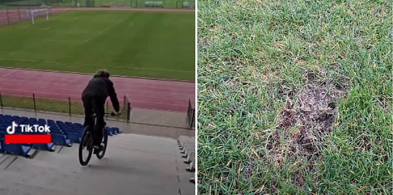 Wandal na rowerze zniszczył murawę stadionu. "Serce pęka jak człowiek to widzi" - 17936
