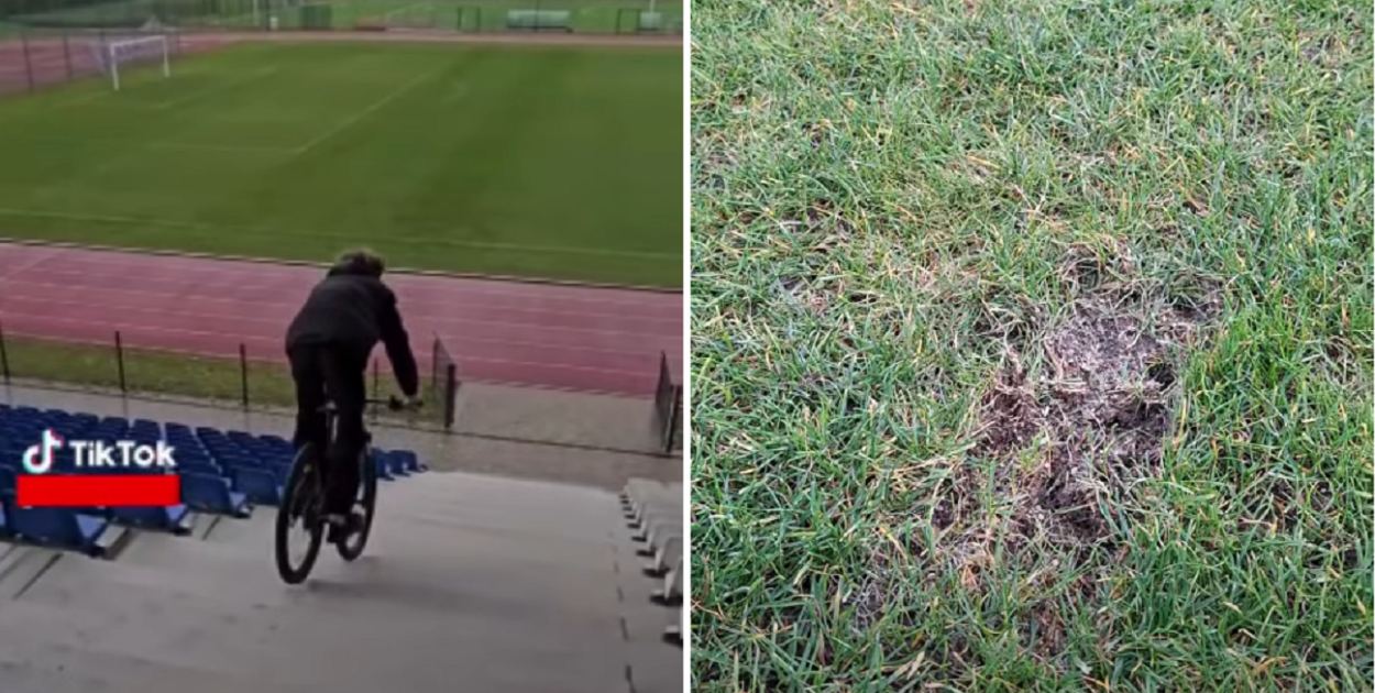 Na filmiku widać jak chłopak zjeżdża po schodach z trybuny na boisko. Obok - zniszczony fragment murawy piłkarskiej