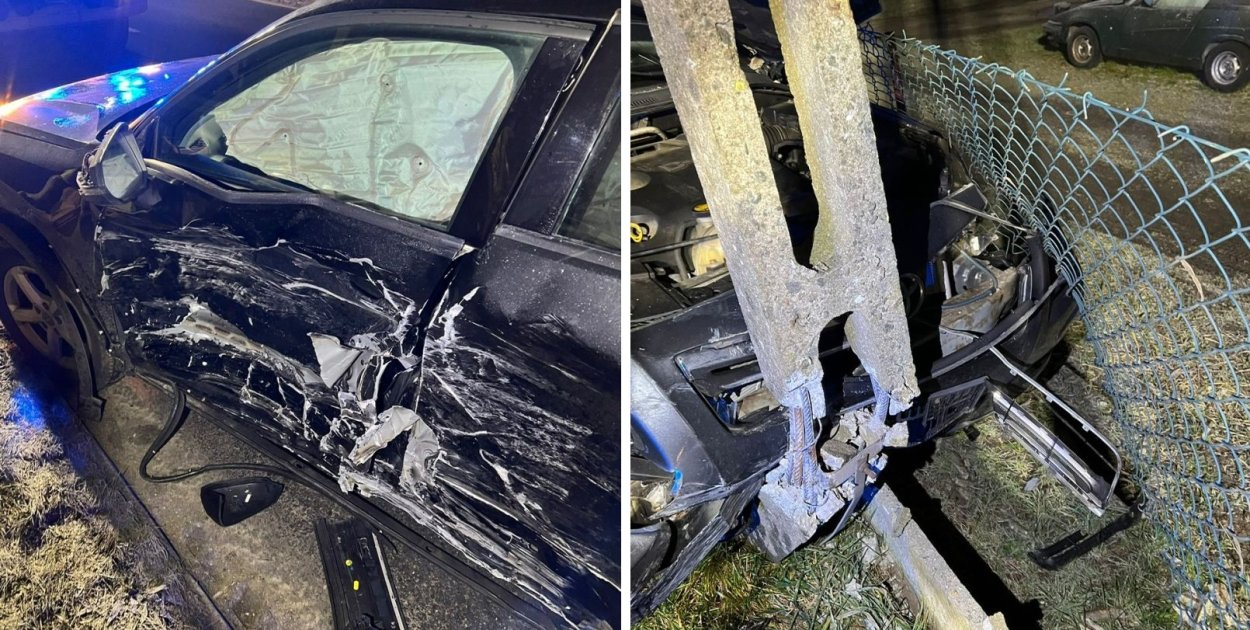 Audi Q2 z uszkodzonym bokiem. Toyota uderzyła centralnie w słup